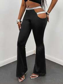 Glyssa Women's Casual Flared Design Low-Waist Hollow-Out Elastic Fitted Pants - Black - View 3