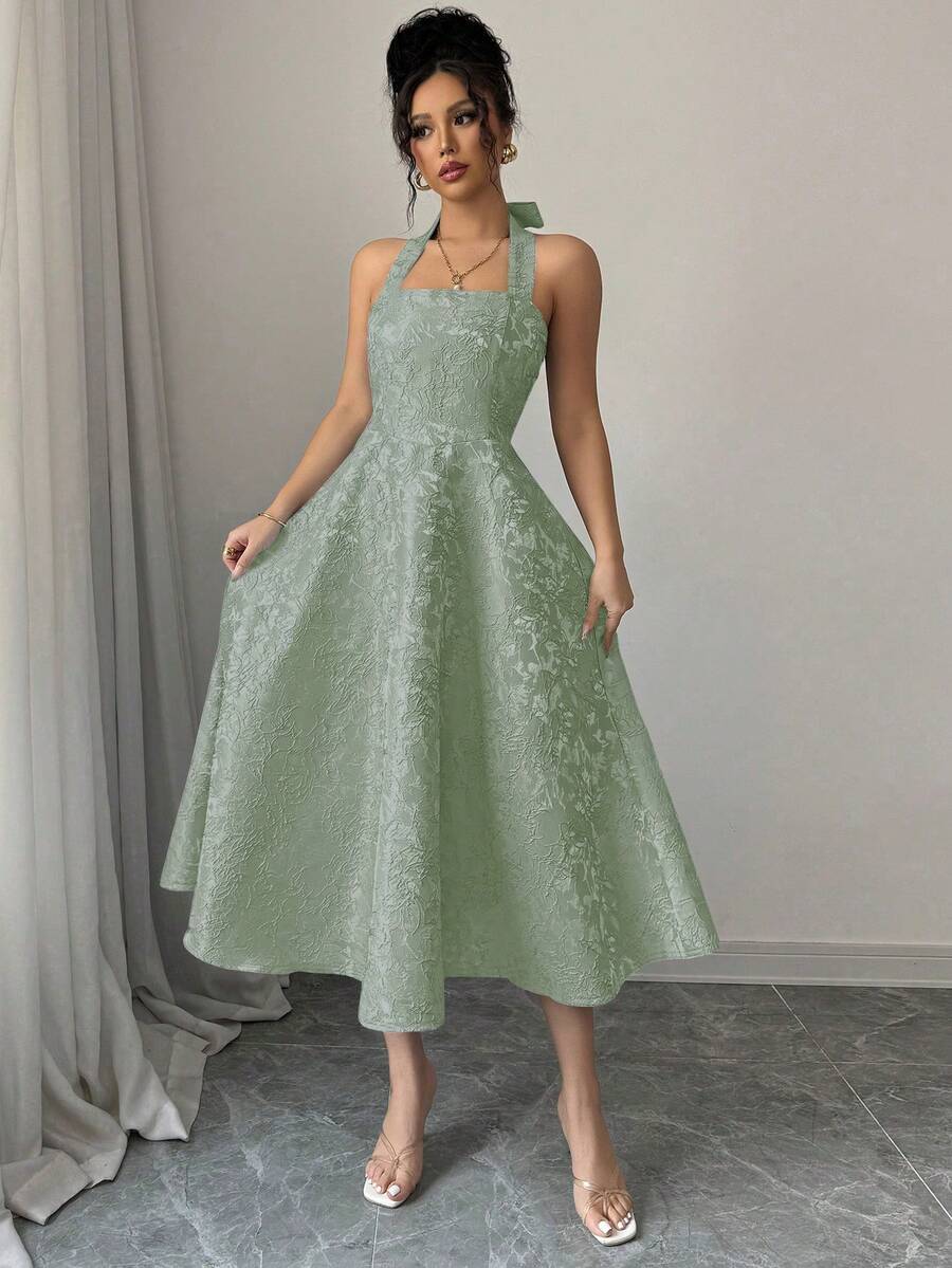 SHEIN Clasi Gaun Flare Jacquard Romantis dengan Ikat Pinggang - Hijau - View 1