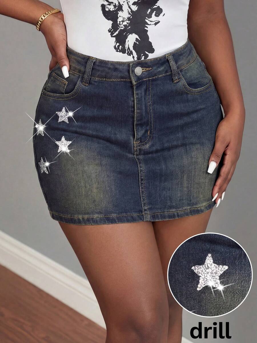 SHEIN BAE Falda vaquera de estilo callejero y vacacional con estampado de estrellas para mujer - Azul - Ver 1