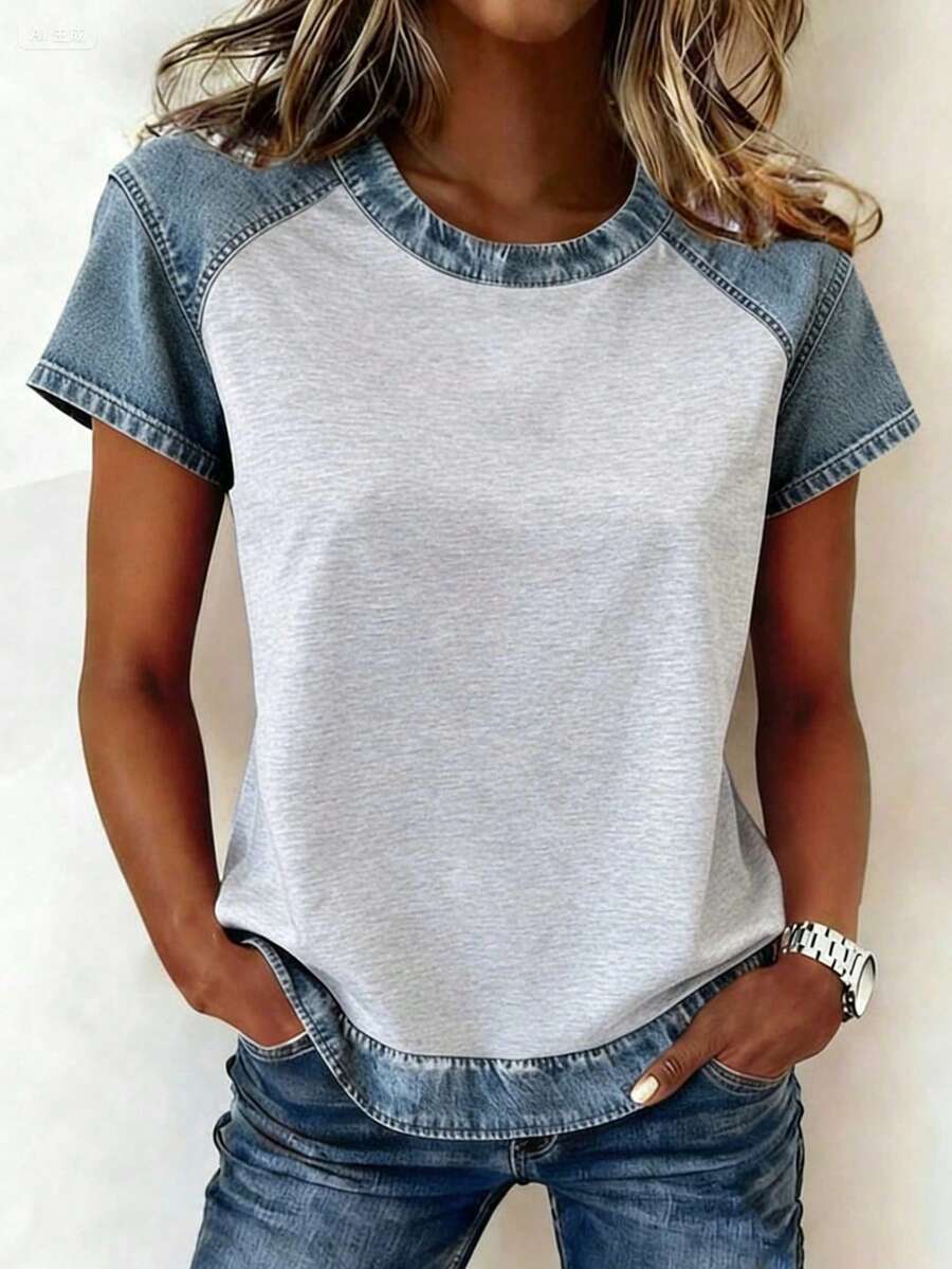 EMERY ROSE Women's Color Block Round Neck Casual Versatile Daily Wear Short Sleeve T-Shirt - Multicolor - View 1