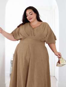 Plus Size V-Neck Solid Color Short Sleeve Casual Dress, Simple & Fashionable For Everyday Wear,Valentine - Khaki - View 4