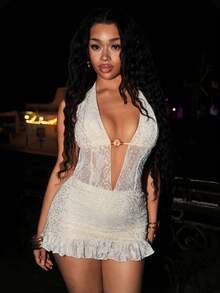 Zestiva Women's Boho Music Festival Outfit, Rock Party Costume, Summer Beach Wear, Halloween Costume, Thanksgiving Outfit, Sexy Nightclub Attire, Pool Party Dress, Sexy European And American Style, Deep V-Neck Backless Mini Bodycon Dress, Spaghetti Strap Lace Dress, Summer - Green - View 9