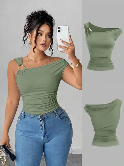 Elenzga Camiseta Ajustada com Gola Assimétrica Plus Size, Top Casual Versátil, Primavera/Verão