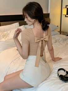 DAZY Women's Summer Backless Tie-Up Bow Sexy Casual Short Sleeve T-Shirt - Apricot - View 6