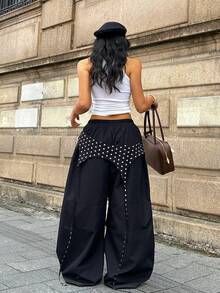 Coolane 女士夏季街头风外出休闲装，饰有独特织带细节和编织面料的红色长裤 - 黑與白 - 查看 2