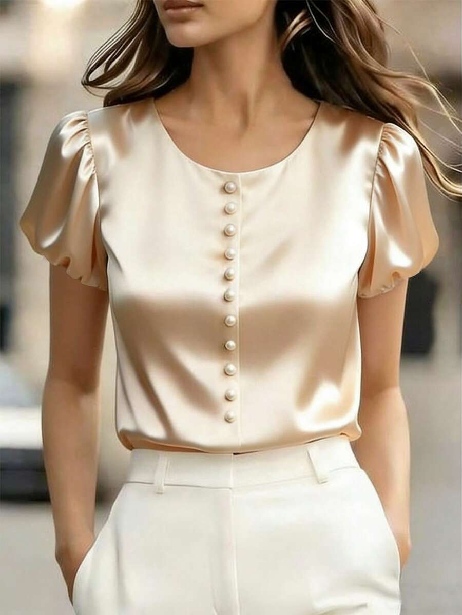 Franclia Petite Summer New Fashion Sweet Design Pearl Decor Round Neck Short Sleeve Casual Petal Sleeve Women Blouse - Apricot - View 1