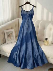 GlowEve 女士仿珍珠休闲度假吊带牛仔连衣裙 - 藍色 - 查看 2