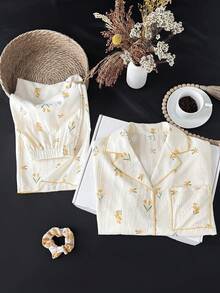 SHEIN Teen Girl Loose Casual Minimalist Comfortable Floral Print Pajama Top And Pants Set Teen Girl - Multicolor - View 4