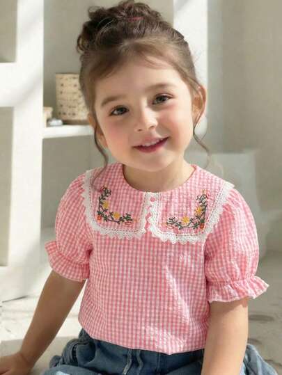 Souflis Souflis Girls Pink Gingham Plaid Blouse Puff Short Sleeve Lace Trim Floral Embroidery Crew Neck Casual Summer Shirt For Toddler Girls  Blouses For Girls Blouse For Kids Children Clothes Girl Kids Clothes Kids Blouse Spring Clothes For Kids Young Girls Clothing Sets Kids Blouses For Girls Girls Gingham Top Embroidered Lace Collar Top Girls Spring Clothes