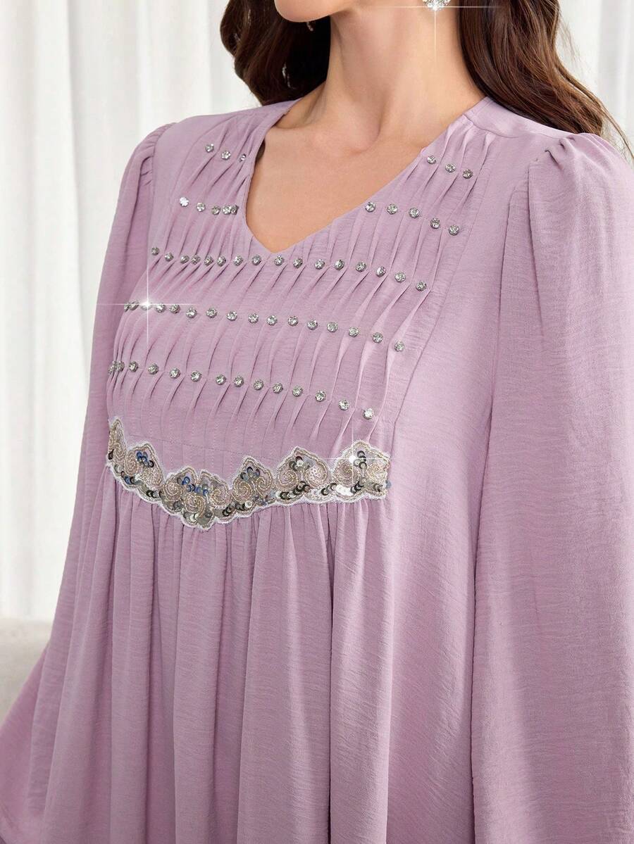 Al Najma Plus Size Women Elegant Party Rhinestone & Sequin Decor Arabic Style Dress - Dusty Pink - View 1