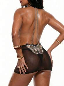 Swim Glamine cache-maillot de plage sexy et transparente pour femmes avec maille, sequins, broderie papillon et chaîne décorative, dos nu et col ras-du-cou - Beige - Voir 3