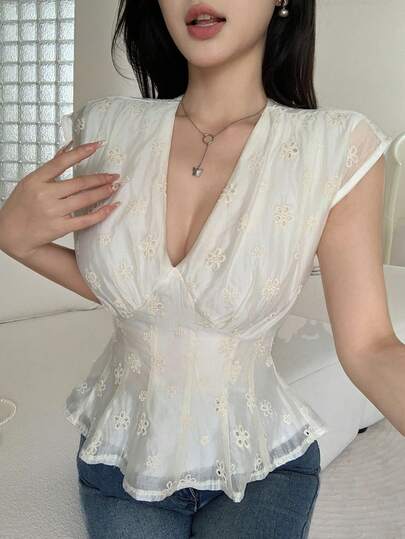 Feyla 女士优雅度假风深V领短袖棉质网纱刺绣腰部上衣，夏季