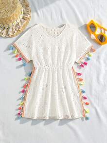 SHEIN Sparklyn 青少年女孩白色夏季可愛泳裝罩衫，彩色流蘇鏤空網眼鉤編沙灘洋裝，適合度假與假期，青少年女孩針織鏤空洋裝 - 白色 - 查看 5