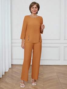 Miaspire 女士纯色简约长袖上衣和裤子两件套 - 橘色 - 查看 4