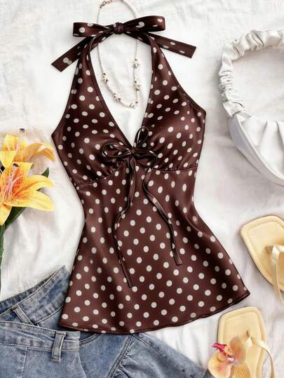 Roelina Nuevo top de verano para mujer con cuello halter, cintura fruncida y lazo, sexy y casual para vacaciones