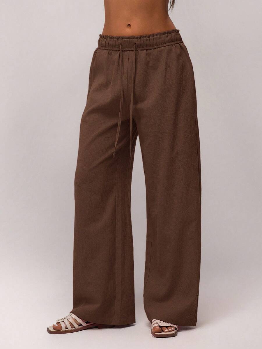 SHEIN Forever 21 春季新款低腰褶裥腰带设计休闲女裤 - 棕色 - 查看 1