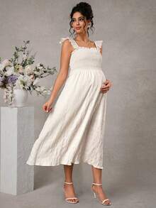 Momance White Elegant Maternity Summer Dress For Photoshoot,Pregnant Women Solid Color Shirred Ruffle Hem Casual Holiday Pregnancy Picnic Dress,Classic - White - View 3