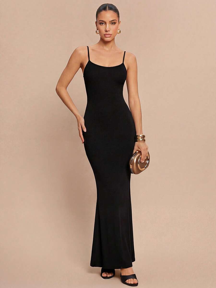Leighera Women's Summer Slim Strap Bodycon Dress, Ladies Sexy Backless, Criss Cross Sleeveless Spaghetti Strap Slim Fit Long Black Plain Cami Women Long Dresses, Spring/Summer, Party/Nightclub Outfits Maxi Women Outfit - Black - View 1