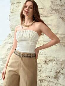 MOTF PREMIUM 时尚亚麻混纺抹胸上衣，适合春夏穿着 - 白色 - 查看 6