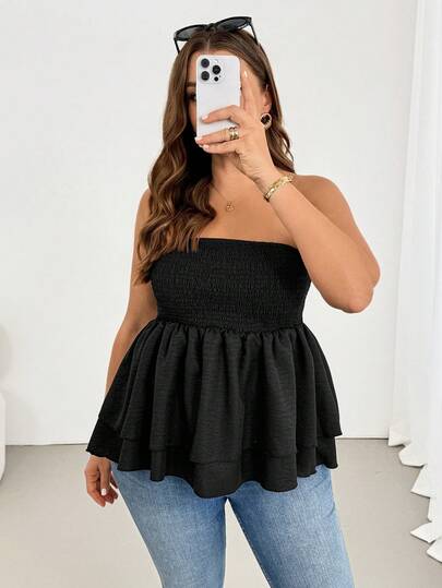 Shapeblank Áo quây đen không dây dành cho nữ cỡ lớn, thời trang, thoải mái, thanh lịch, đa năng, tôn dáng mùa xuân/hè, kiểu dáng dễ thương, trang phục mùa hè, áo đi chơi, trang phục đi nghỉ mát.