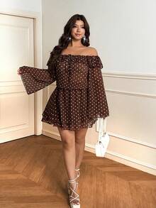 Vionelle Plus Size Sexy Off Shoulder Polka Dot Bow Tie Dress Fall - Brown - View 3