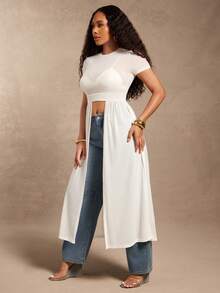 Vixey 透视纯色网纱短袖开衩下摆长款上衣 - 白色 - 查看 4