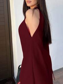 Hitanina 2025 Autumn And Winter New Elegant Commuter Solid Color Fit Bright Red Cross Neckline & Tassel Long Sleeve Women Jumpsuit, Suitable For Parties And Daily Outings,Country Concert Outfit,Halloween,Christmas, Night Out,Wedding Guest Dress,Birthday Dress,Brunch Outfits For Women,Daily Outings -A - Burgundy - View 3