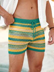 Manfinity Swimmode Men's Vacation Casual Multicolor Hollow Out Knitted Shorts Beach Clothes For Men Men Swim Trunks Beach Shorts Shorts For Men Beach Outfit For Men Beach Shorts For Men Shorts For Summer Swim Trunks For Men - Multicolor - View 6