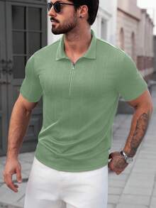 Manfinity CasualCool Polo à manches courtes décontracté à demi-zip de couleur unie pour hommes, été - Vert menthe - Voir 3