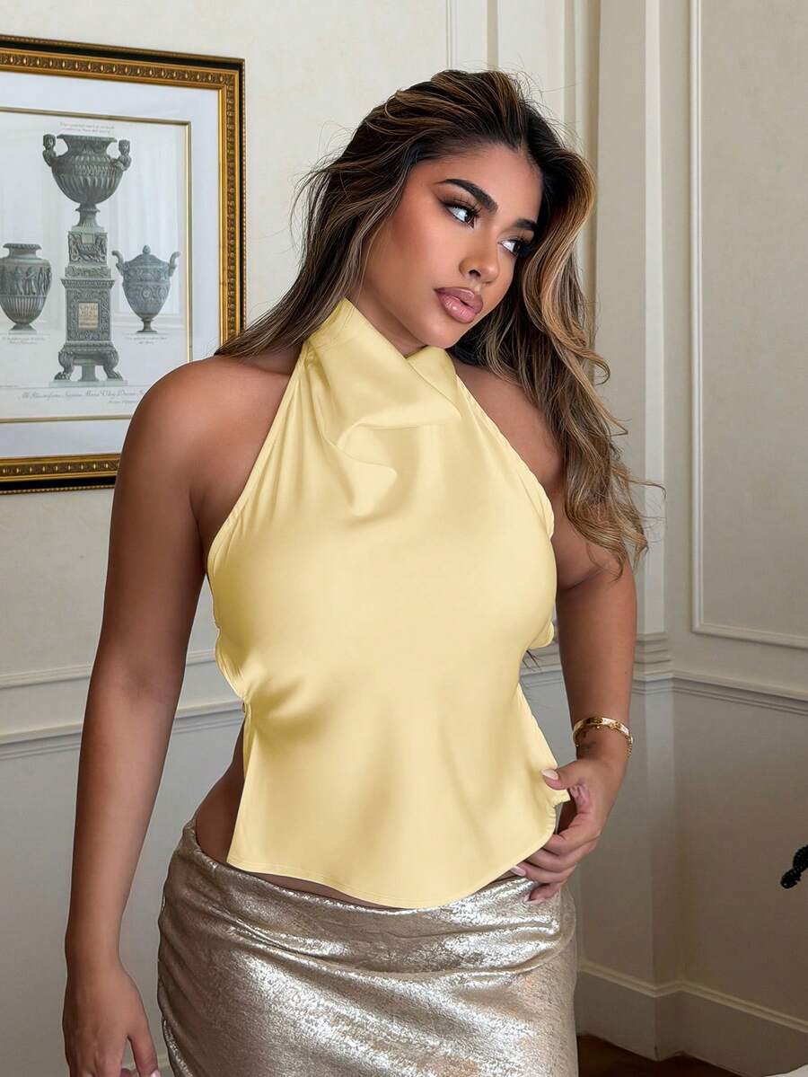 Maria Perezxox Apricot Color Backless Draped Neck Women's Tank Top, Sexy & Elegant Camisole For Spring/Summer - Yellow - View 1