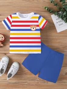 Playful Pals Set de 2 piezas de camiseta de manga corta con cuello redondo y estampado de oso y rayas + pantalones cortos naranja para bebé niño, adecuado para uso al aire libre en verano - Multicolor - Ver 4