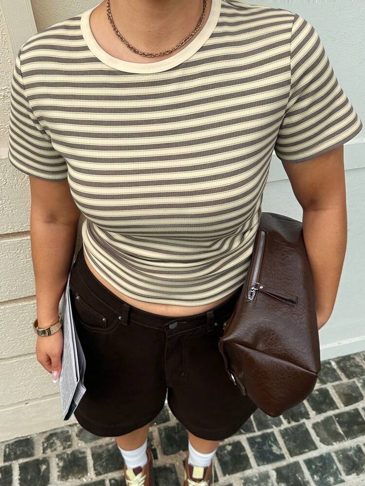 Dazy Plus Spring & Summer Striped Color Block Round Neck Basic Tee, Suitable For Music Festival, Valentine's Day, Wedding, Casual, Street, Outdoor, Beach, Elegant Commute, Plus Size Women