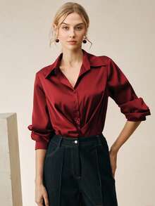 Anewsta Women's Fashionable Elegant Ruched Collar Bodysuit - Burgundy - View 3