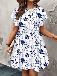 EMERY ROSE Casual Vintage Blue & White Floral Pattern Waist Pleated Loose Round Neck Short Sleeve Plus Size Dress, Suitable For Spring/Summer Vacation - Multicolor - View 5