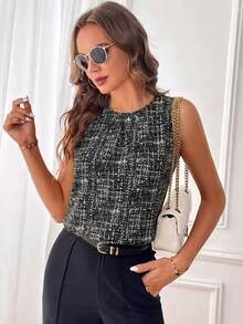 SHEIN Clasi Áo kiểu nữ thanh lịch cổ tròn xếp ly dáng chữ H rộng rãi, thoải mái, đa năng, thích hợp mặc đi làm, áo công sở nữ, áo đen nữ, áo không tay nữ, áo mùa hè. - Đen và trắng - Xem 3