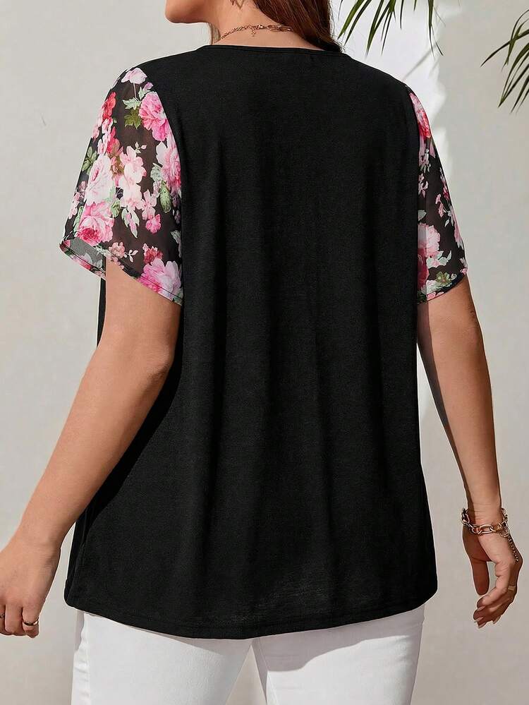 Plus Size Women'S Floral Print Tie-Down Black Top For Spring