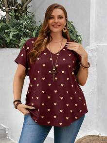 Rosumi 女士加大码爱心印花V领蝙蝠袖短袖T恤，夏季度假V领上衣，外出上衣 - 酒紅色 - 查看 8