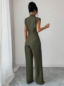 Elenzga Conjunto de traje de pantalón elegante verde oliva para mujer, blazer sin mangas con hebilla de metal & pantalones de pierna recta de cintura alta para oficina, ropa de trabajo estilo francés de otoño - Verde militar - Ver 2