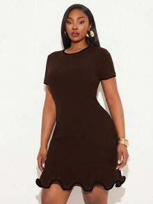 SHEIN SXY Plus Size Solid Color Minimalist Daily Wear Round Neck Short Sleeve Dress - Brown - View 5