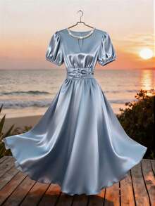 Franclia Đầm dài nữ cổ tròn thêu ngọc trai, dáng chữ A xếp ly, màu xanh dương mùa hè, đầm hè, đầm thời trang và thanh lịch cho kỳ nghỉ và thường ngày, đầm dự tiệc, đầm mặc ngoài, đầm dự tiệc trang trọng, đầm dự tiệc sinh nhật. - Màu xanh lam - Xem 1