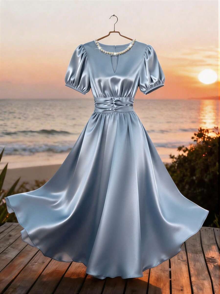 Franclia Đầm dài nữ cổ tròn thêu ngọc trai, dáng chữ A xếp ly, màu xanh dương mùa hè, đầm hè, đầm thời trang và thanh lịch cho kỳ nghỉ và thường ngày, đầm dự tiệc, đầm mặc ngoài, đầm dự tiệc trang trọng, đầm dự tiệc sinh nhật. - Màu xanh lam - Xem 1