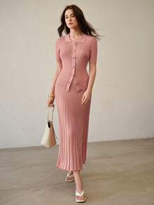 MOTF PREMIUM SPRING SUMMER SOLID RIBBED KNIT SKIRT - Dusty Pink - View 1