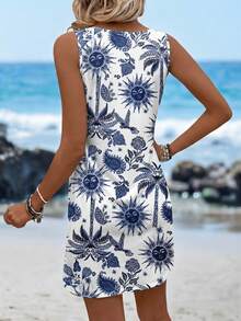 Sylviya Casual Minimalist Style Vacation Style Blue Sun God & Palm Tree Print Pattern Women's Dress, Suitable For Spring/Summer Vacation & Beach - Multicolor - View 2