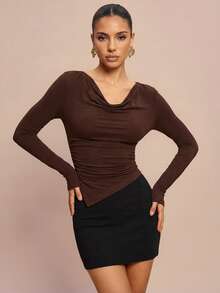 Olia Maree Olia Maree 不对称下摆纯色收腰休闲长袖针织T恤 - 鏽棕色 - 查看 6