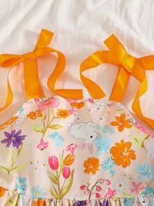 Young Girls Elegant Orange Floral Dress,Summer Boho Vacation Holiday Little Rabbit Print,Thin Shoulder Strap A-Line Ruffle Trim Bow Spring Sun Dress - Orange - View 6