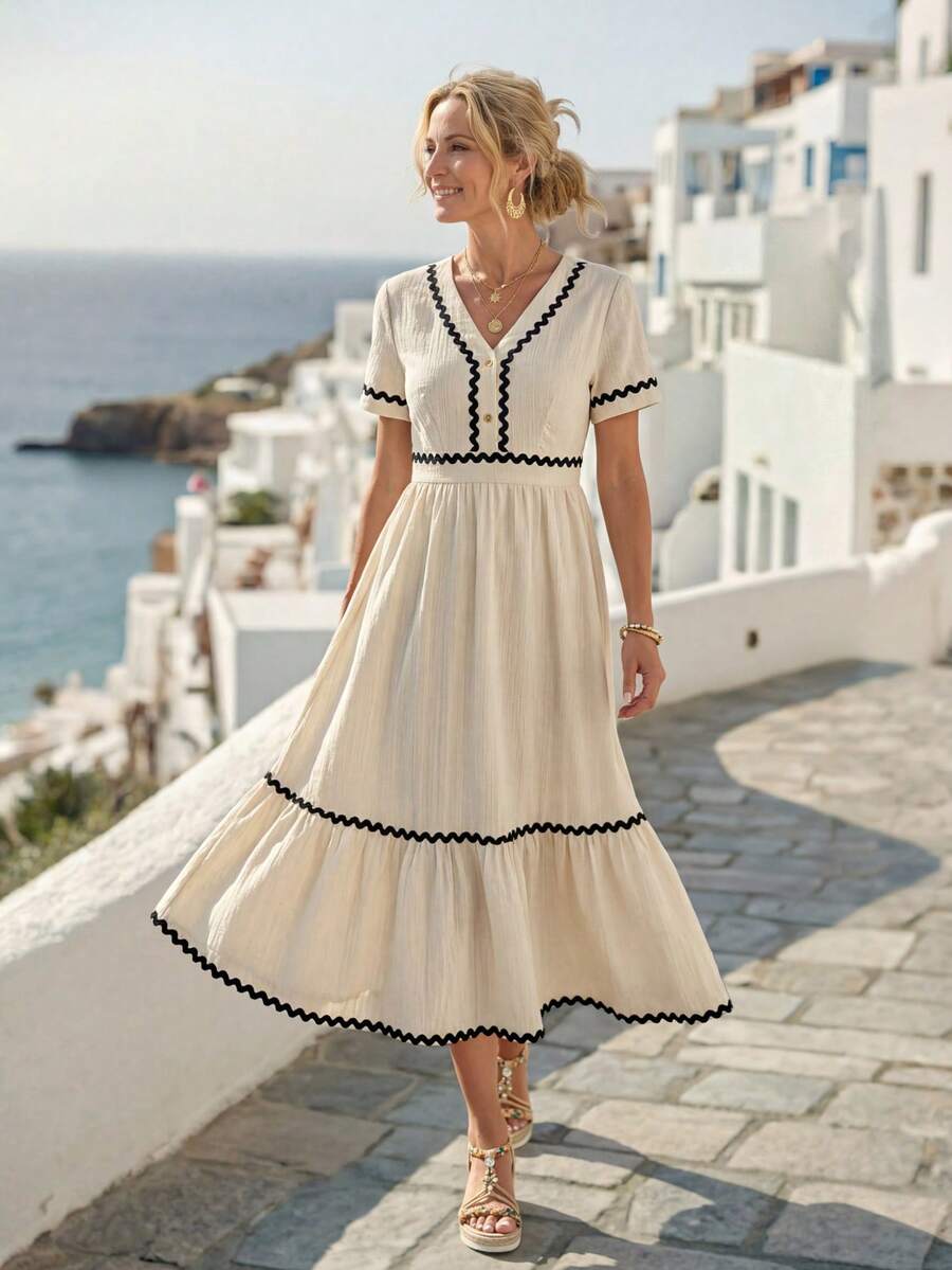 Faunlyn Váy dài vừa phải thường ngày có viền ruy băng gợn sóng, tay ngắn, cài nút nửa vạt cho nữ - trắng - Xem 1