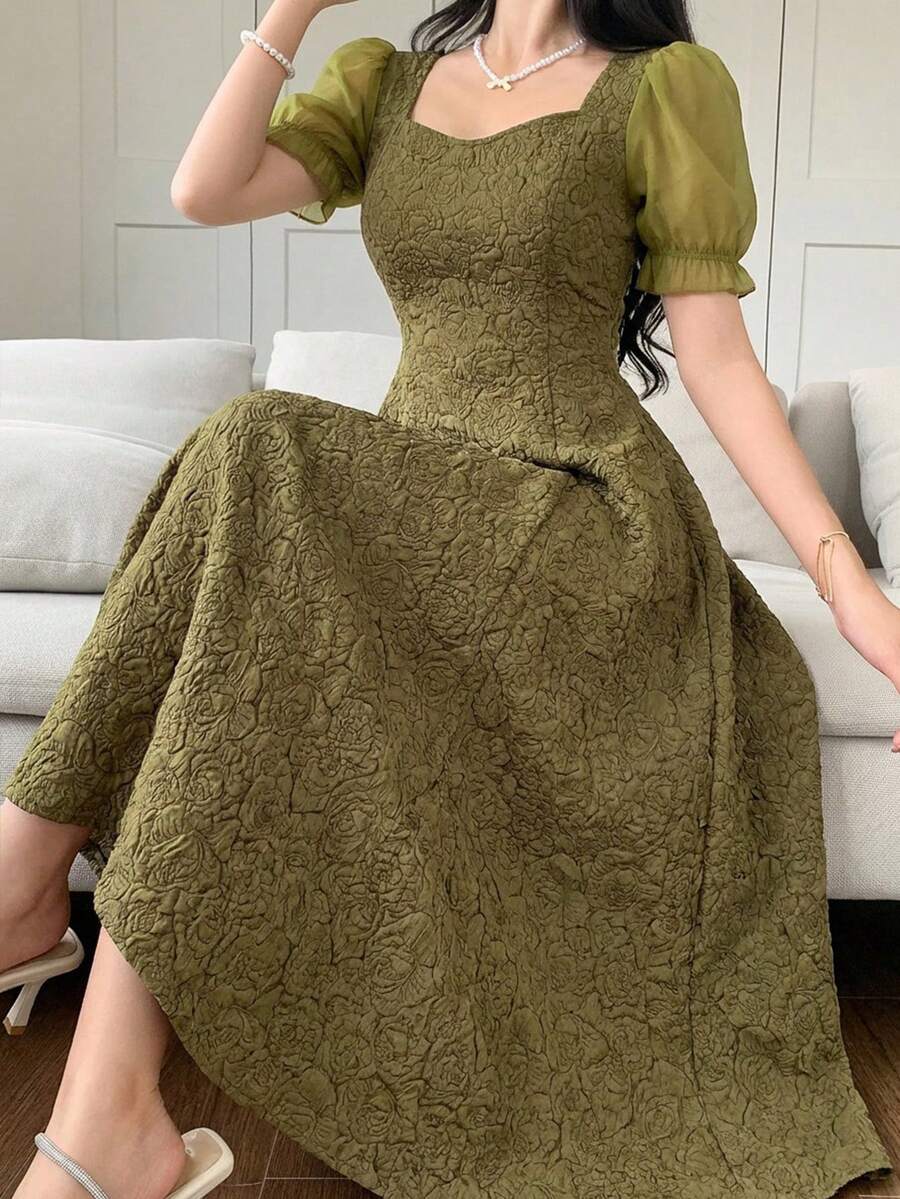 DAZY 优雅印花雪纺拼接方领花瓣袖中长连衣裙，女士夏季款 - 橄欖綠 - 查看 1