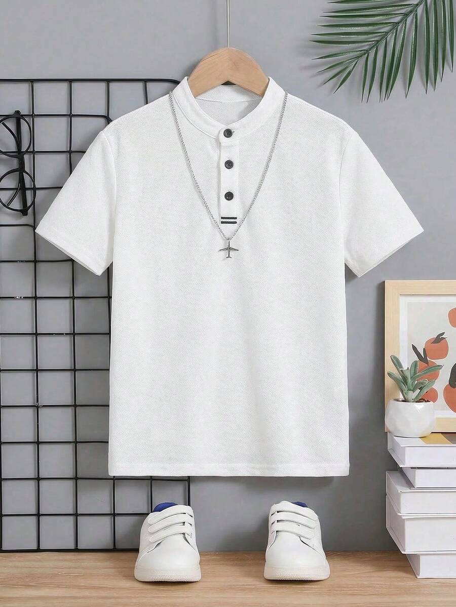 SHEIN Tween Boy Collared Solid Color Short Sleeve Polo Shirt,Kids - White - View 1
