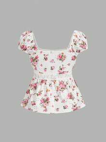SHEIN MOD 女款方領蕾絲拼接碎花夏季上衣，白色與粉色端莊野餐短袖乳女上衣，波西米亞鄉村風海灘風 - 彩色 - 查看 3