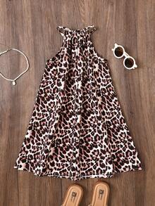 SHEIN 少女休闲豹纹碎花吊带连衣裙 - 棕色 - 查看 2